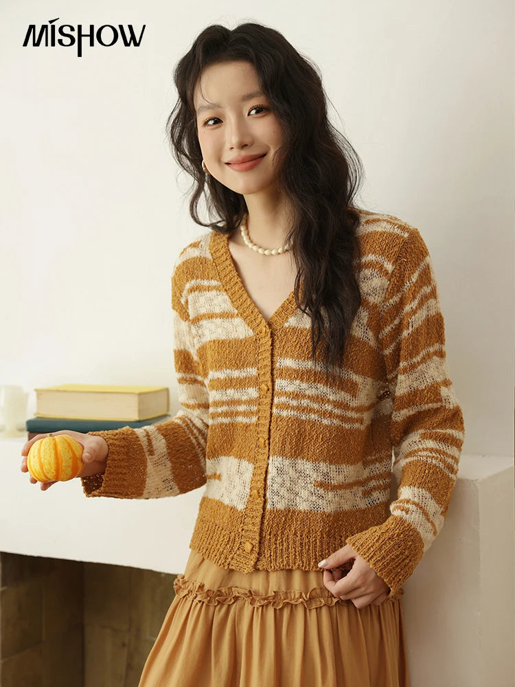 MISHOW Women's Striped Cardigan 2025 Autumn New Retro Yellow V-neck Long Sleeves Single-breasted Short Sweater Coats MXE44Z2516