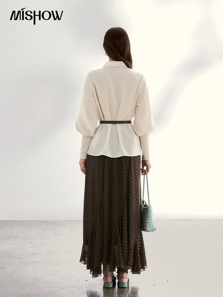 MISHOW Women's Tie Neck Shirts Spring Hollow-out Knitted Patchwork Puff Sleeve Tops Casual Elegant Shirt Office Lady MXF108C0812