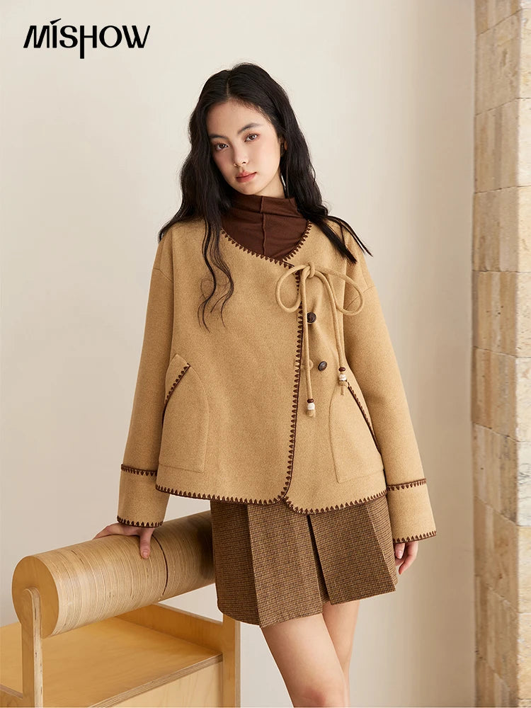 MISHOW Coat for Women 2025 Autumn Winter Khaki Asymmetrical Design Shell Flower Embroidery Lace-up Short Casual Coat MXE49W0854