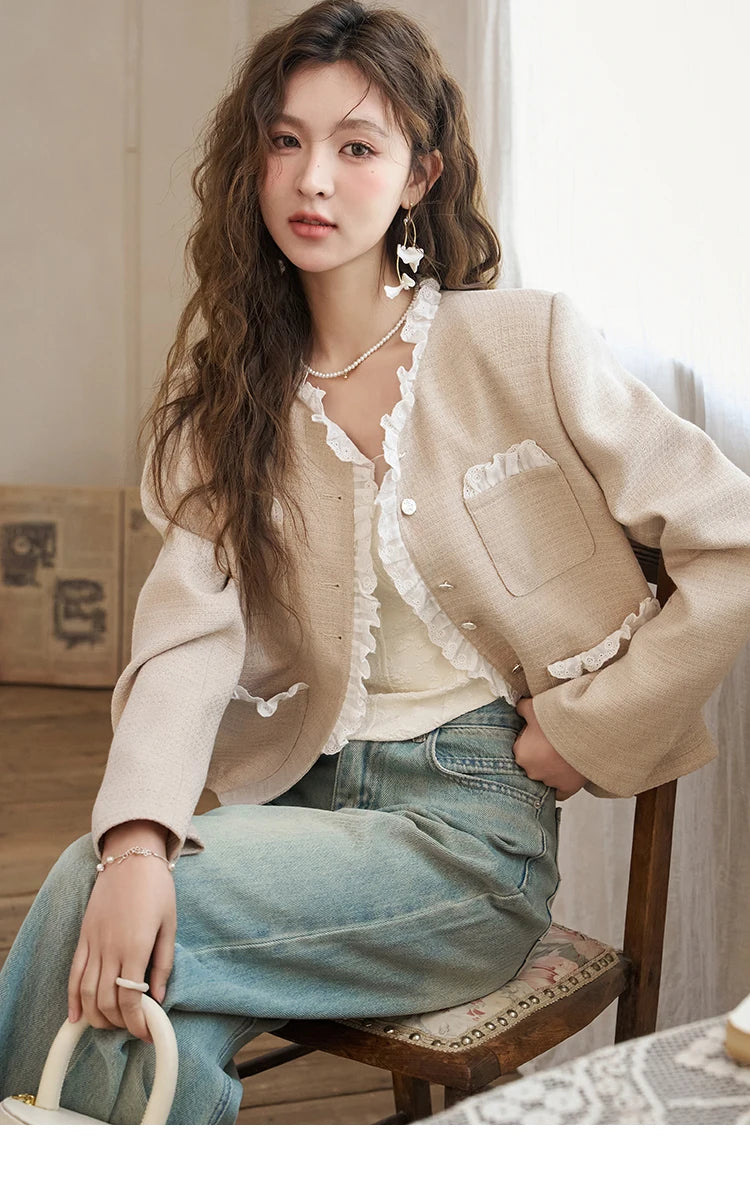 MISHOW French Fragrant Coat Solid Skirt Separately 2025 Spring Collar Pocket Splicing Lace Top Hem Split Back Skirt MXD12W0274