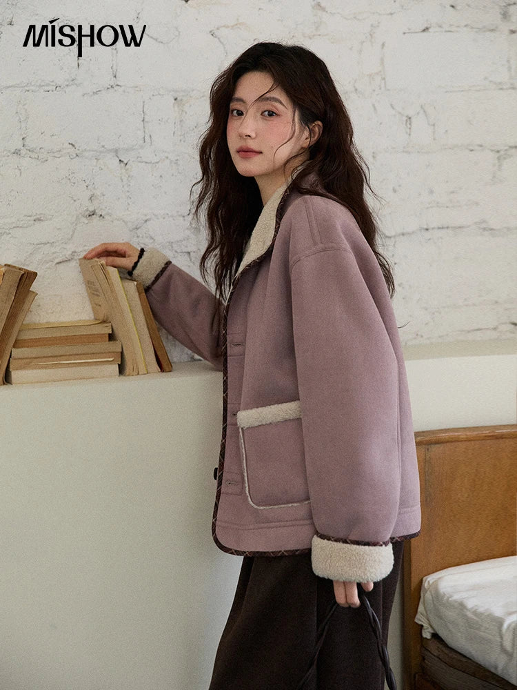 MISHOW Women Purple Coats 2025 Winter Luxury Turn-down Collar Double-sided Jacket Pocket Decoration Windproof Jacket MXE87W0940