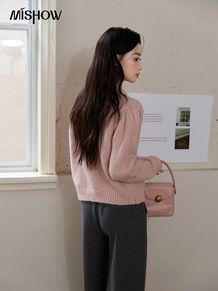 MISHOW Pink French Cardigan Women 2025 Autumn Winter New Sweet Turn-down Collar Single-breasted Loose Knit Sweater MXE48Z2569
