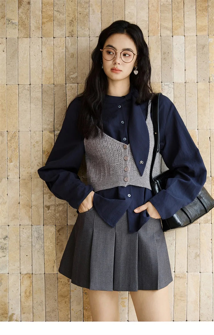 MISHOW Woman Shirt Set 2025 Autumn Fashion New Navy Blue Ribbon Design Layered Shirt Knit Camisole Two-piece Suit MXE47T1412