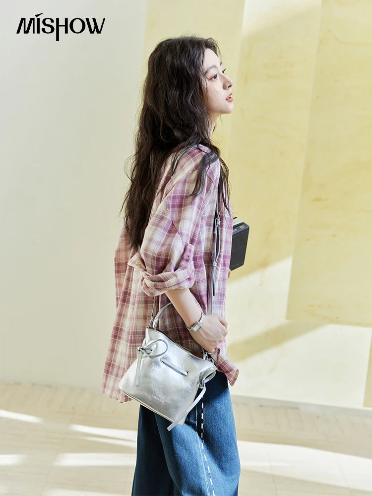 MISHOW Women's 100 Cotton Long-sleeve Purple Plaid Shirt Spring 2025 Loose Pockets Casual Shirts Korean Polo Neck Top MXE14C0417