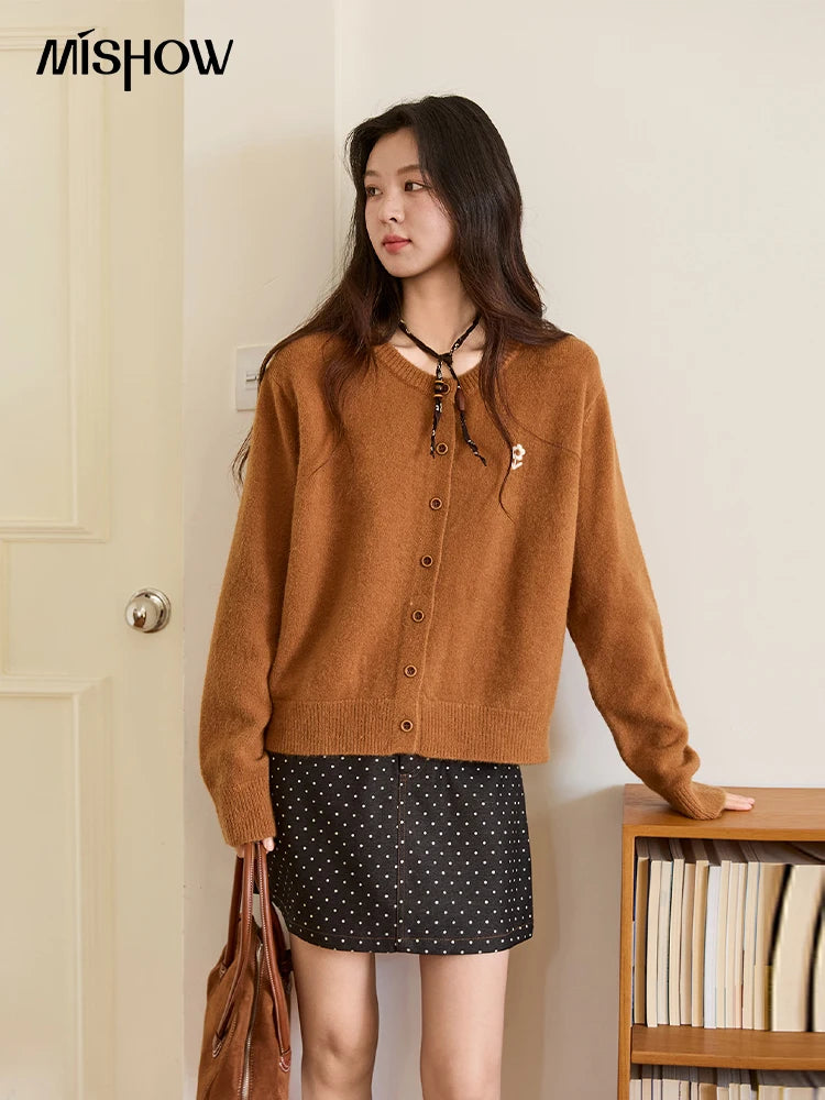 MISHOW Retro Flower Embroidery Cardigan for Women 2025 Round Neck Single Breasted Buckle Loose Knit Autumn Cardigan MXE46Z2588