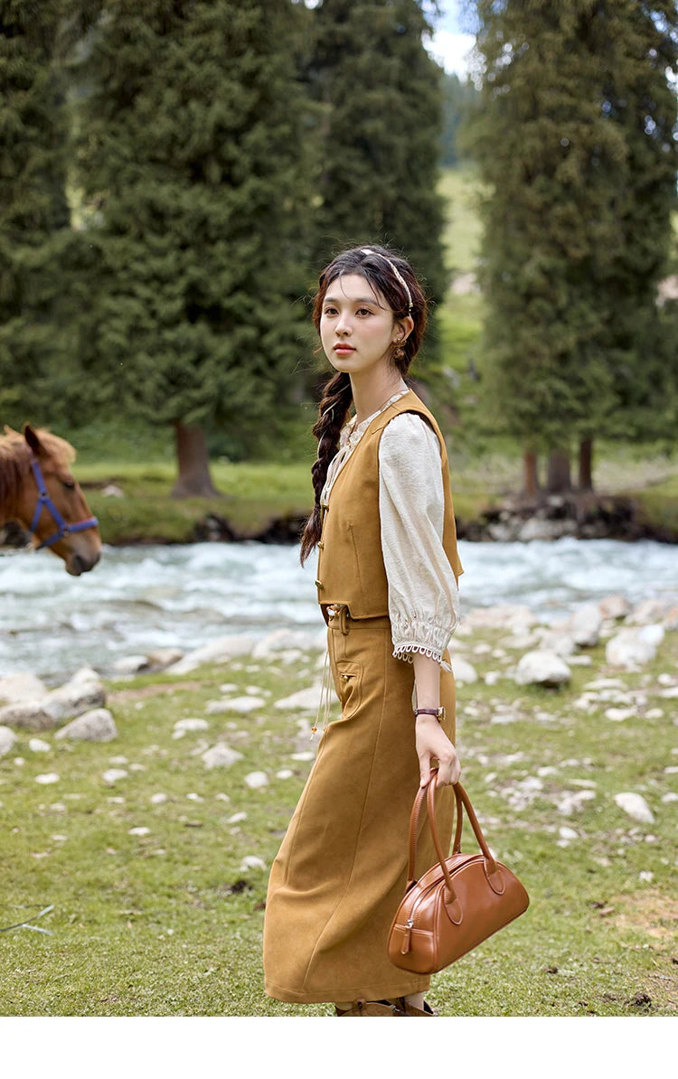 MISHOW Retro High Waist Suede Midi Skirt for Women Autumn 2024 Symmetrical Lip Pouch Skirts Slim Solid A-LINE Skirt MXD41B0486