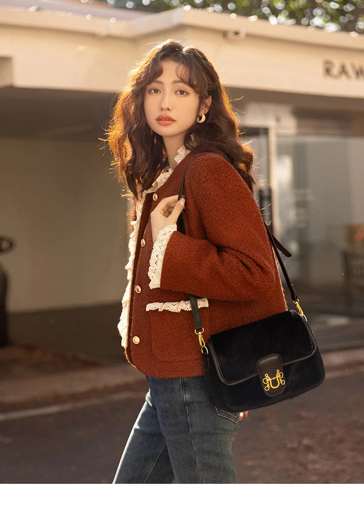 MISHOW Wool Coat for Women Winter Korean Retro Lace Splicing Lamb Wool Button Pockets Thickened Warm Female Coat MXB43W0720
