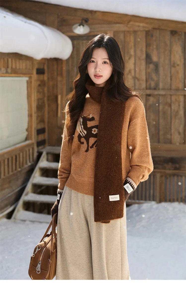 MISHOW Women's Horse Pattern Knit Sweater Winter Crew Neck Sweaters Collar Cuffs Splice Contrasting Faux Mink Fur Top MXE94Z2863