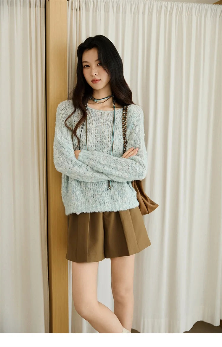 MISHOW Scoop Neck Loose Sweater 2025 Autumn Raglan Sleeve Casual Knitted Top Hollow-out Wool Blend Soft Warm Sweaters MXE46Z2565