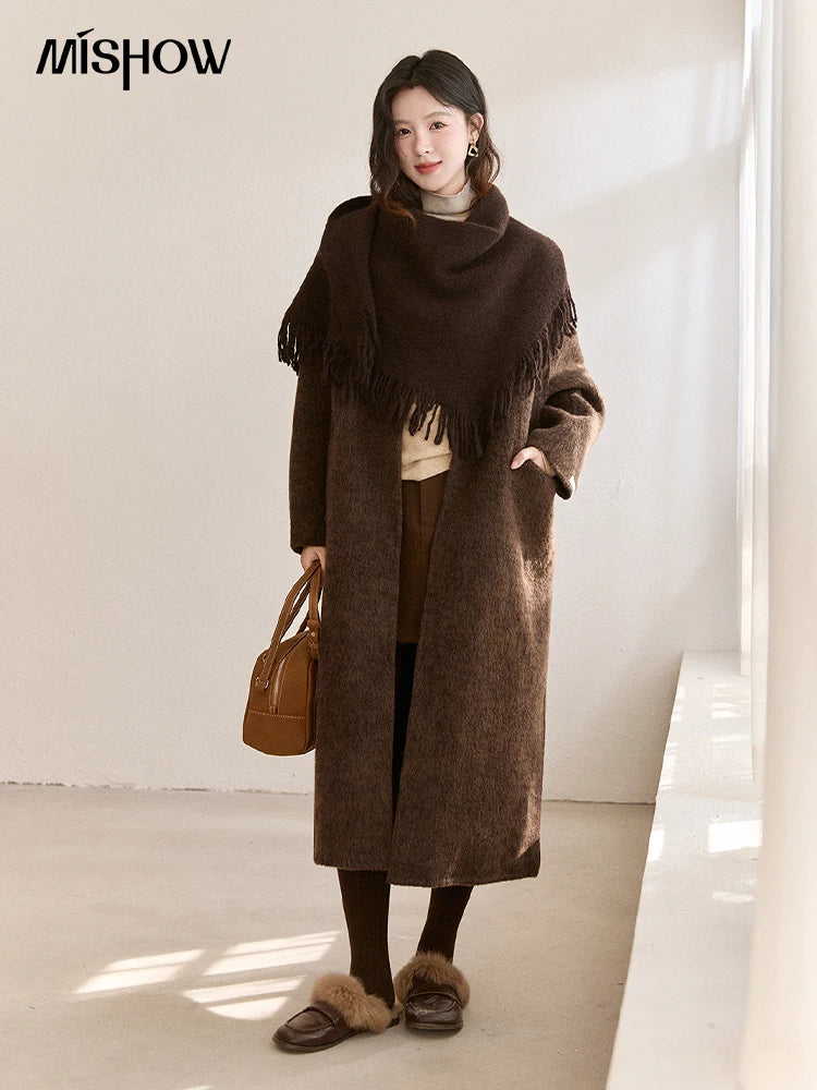 MISHOW Women's Woolen Coat with Scarf Winter Invisible Buckle Design Wool Overcoat Loose Elegant Warm Outerwear MXE93W1030