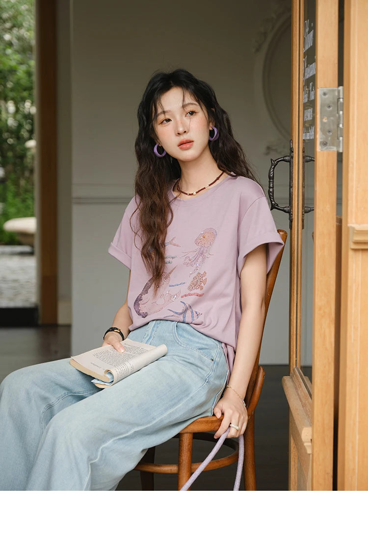 MISHOW Fashion Print T-shirts for women 2025 Summer New O-Neck Loose Casual Short Sleeve Cotton Top Female Clothing MXE36T0575