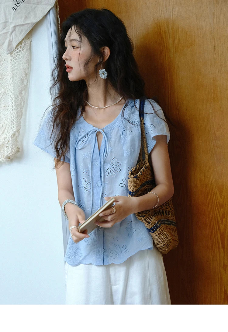 MISHOW Cotton Shirt O-Neck Button Lace Up Hollow Embroidery MXE37X1890