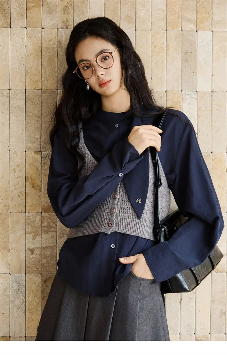 MISHOW Woman Shirt Set 2025 Autumn Fashion New Navy Blue Ribbon Design Layered Shirt Knit Camisole Two-piece Suit MXE47T1412