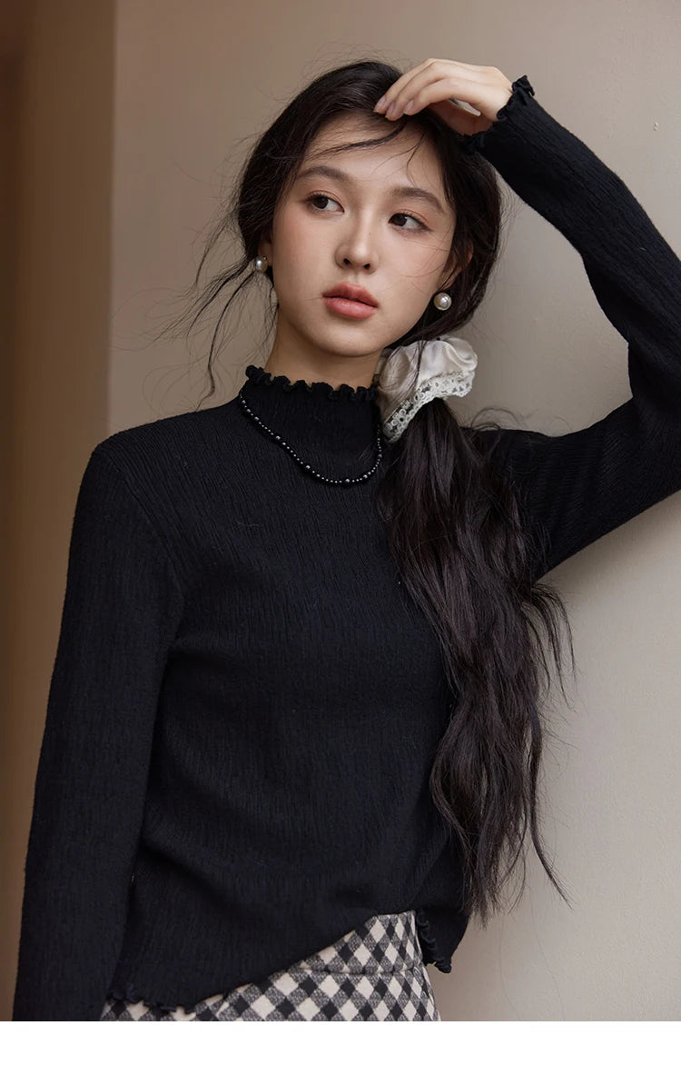 MISHOW Bottom Knitted Sweater Women Ruffled Edge High Collar Long Sleeve 2025 Winter Solid Slim Thin Internal Tops MXD48Z0850