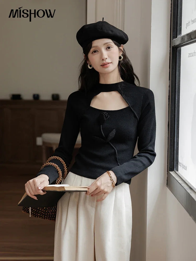 MISHOW Women’s Black Tulip Knitted Sweater French Vintage Hollow Out Sweaters Mock Neck 2024 Fall Elegant Slim Top MXD42Z0731