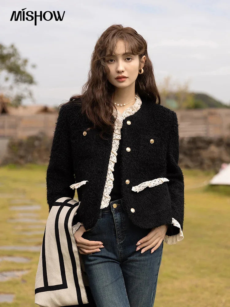 MISHOW Wool Coat for Women Winter Korean Retro Lace Splicing Lamb Wool Button Pockets Thickened Warm Female Coat MXB43W0720