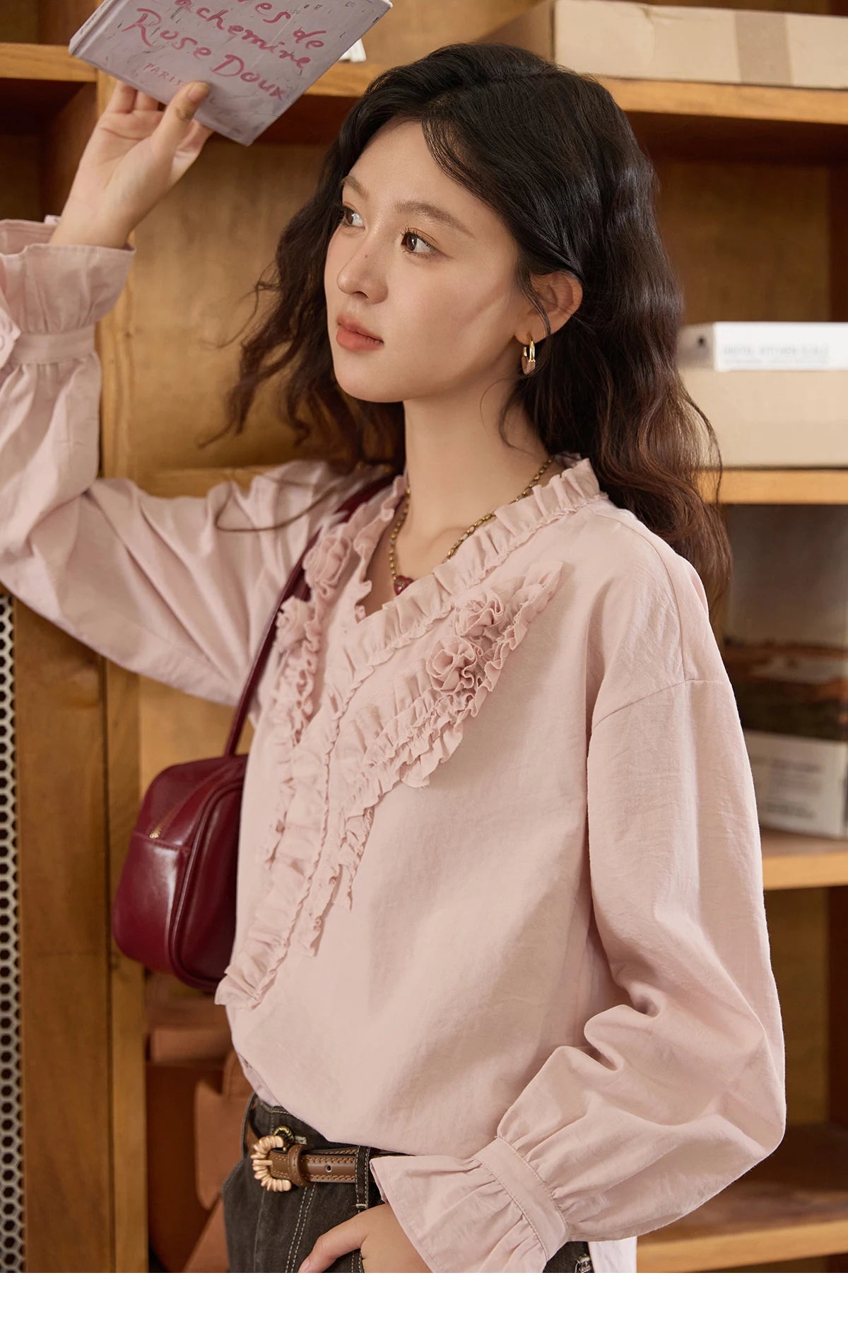 MISHOW Hand Sewn Rose Blouse for Women Autumn 2025 V-neck Edible Tree Fungus Edge Tops Sweet Lantern Sleeves Blouses MXE44X2470