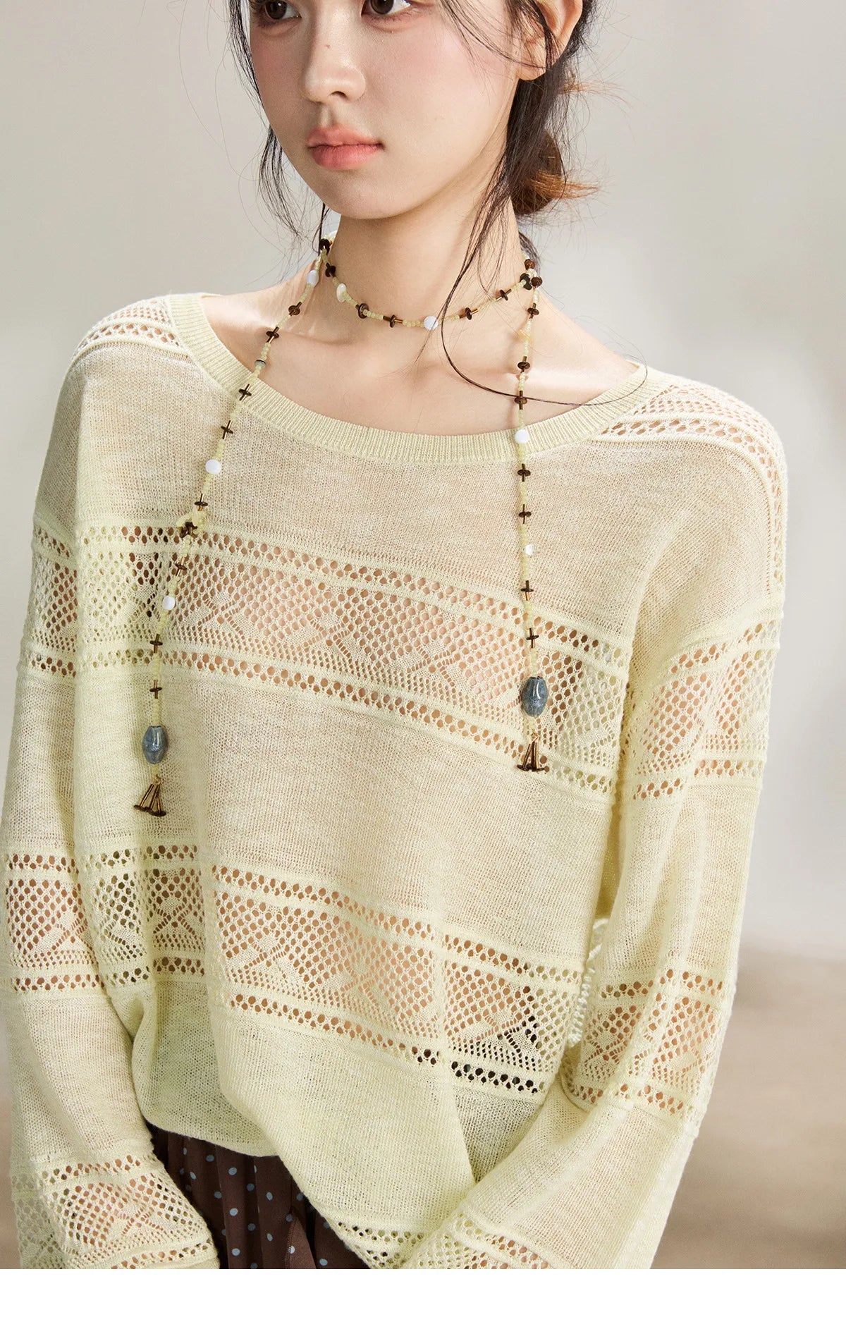 MISHOW Women's Pale Yellow Knit Top 2026 Spring Crew Neck Hollow Out Striped thin tops Casual Loose Sheer Sweater MXF13Z3020