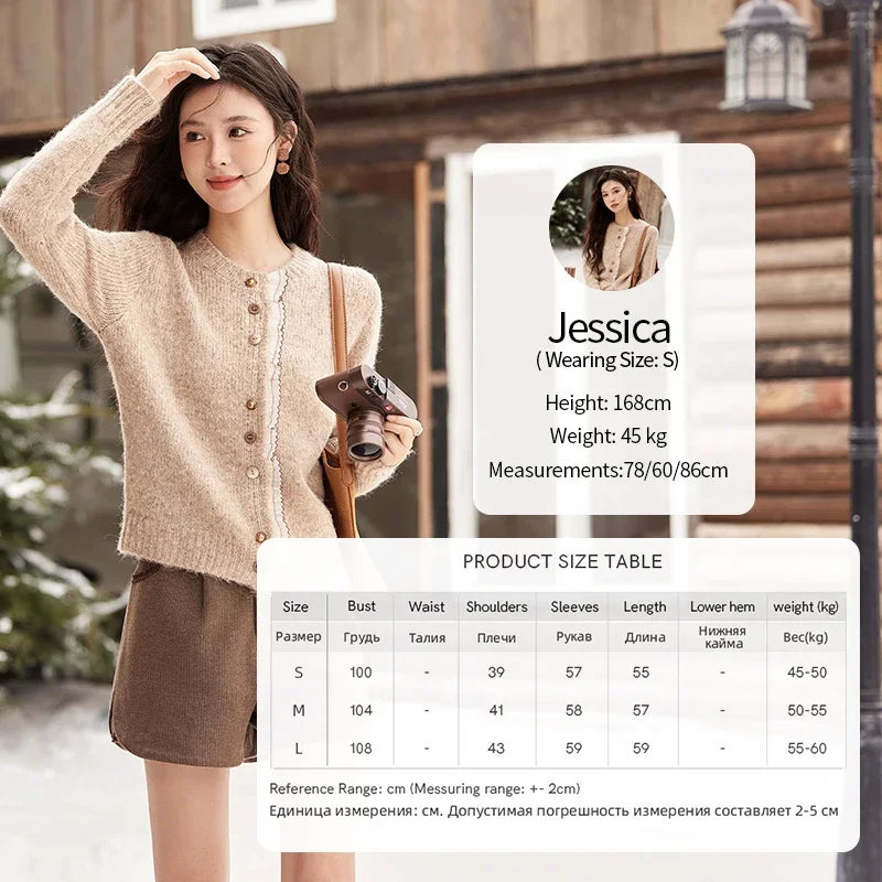 MISHOW Spliced Lace Knitted Cardigan O-Neck Sweaters Women Button Design Temperament Long Sleeved Tops Office Lady MXD58Z0998