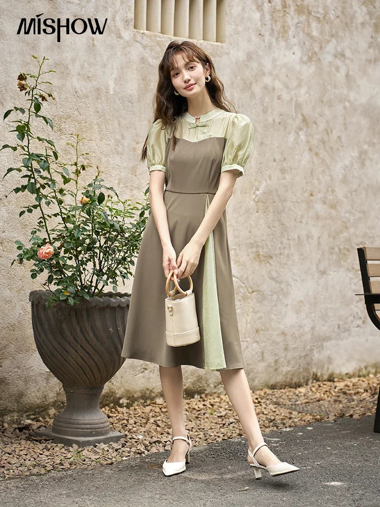 MISHOW Chinese Style Dress for Women 2023 Summer Waist Puff Sleeve Patchwork Fake Two Pieces French Slim Long DressES MXC35L1354