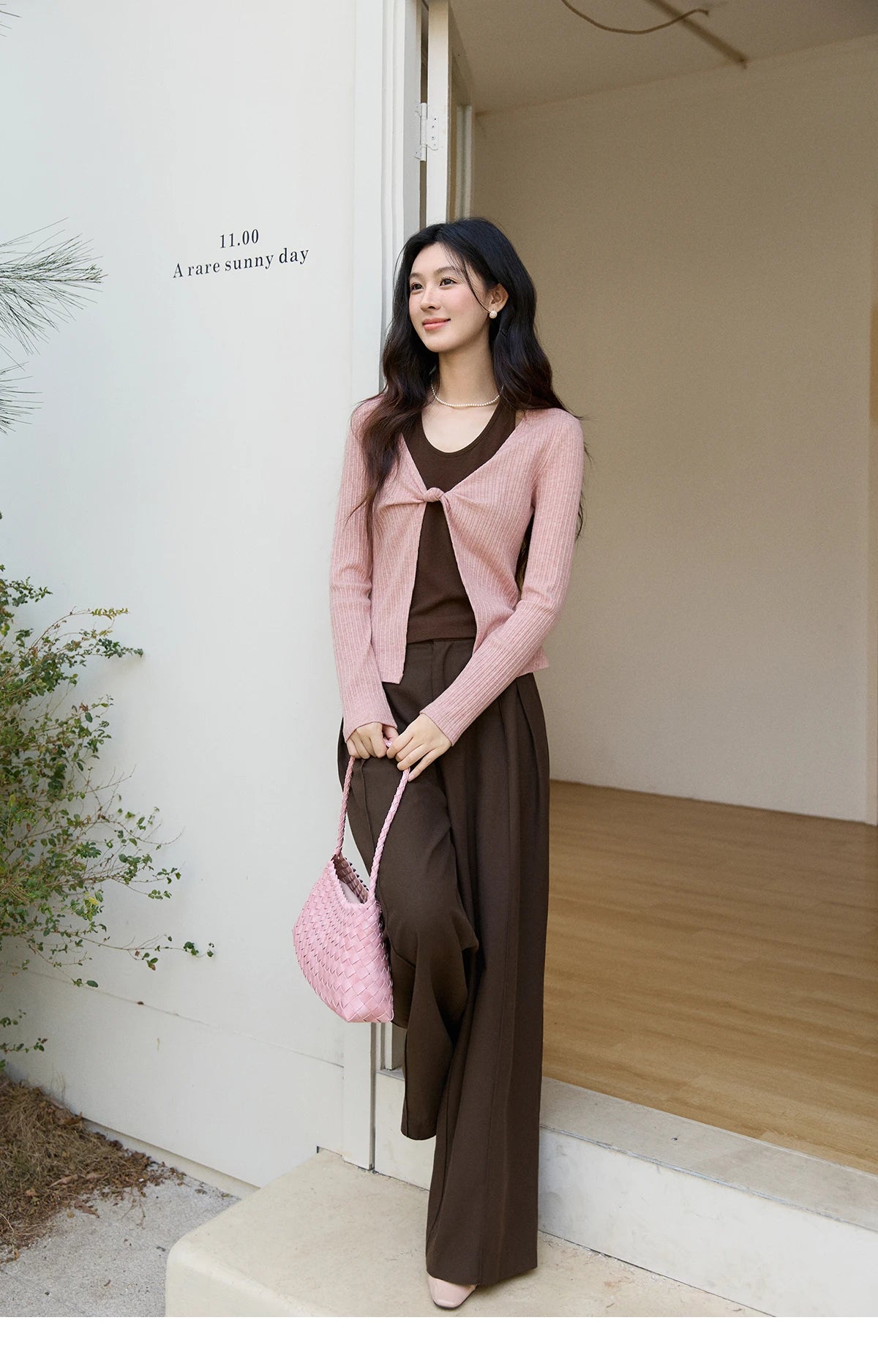 MISHOW Women's Pink Brown Fake Two-Piece Top 2026 Spring Ribbed Knit Knot Front Thin Top U-Neck Long Sleeve Slim Tops MXF11Z2912