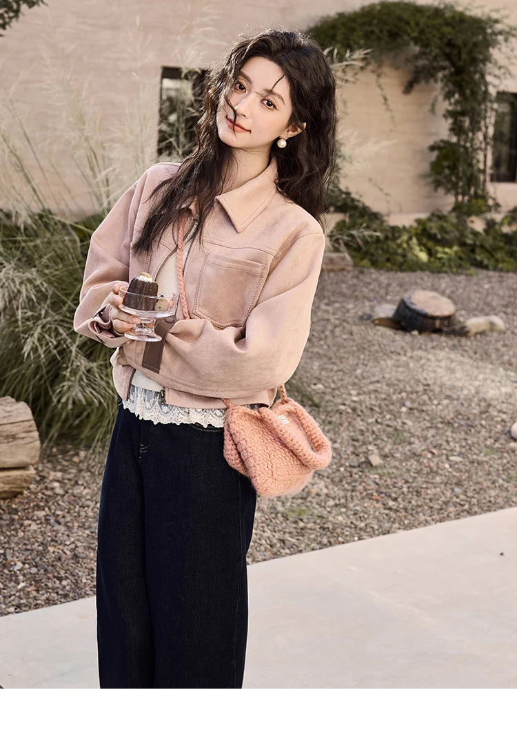 MISHOW Suede Symmetric Pocket Jacket American Vintage Zipper Short Outwear 2024 Winter Sweet Slim Lapel French Jacket MXD48W0478