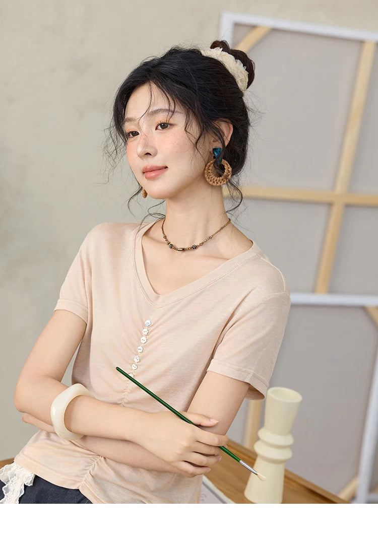 MISHOW V-neck Short Sleeve T-shirt Summer 2025 Mid Front Elastic Fold Single Row Shell Button Tees Casual Slim Tops MXE34T0560