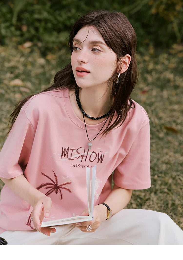 MISHOW Casual Print T-shirts Women 2025 Summer New Short Sleeve Round Neck Coconut Tree Pattern Shirt Woman Holiday MXE31T0516