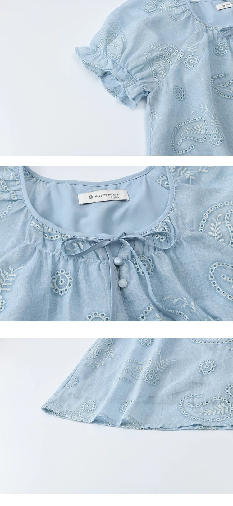 MISHOW Embroidery Flower Shirt for Women 2025 Summer New Fashion Loose Puff Sleeve Round Neck Top Female Clothing MXE39X1922