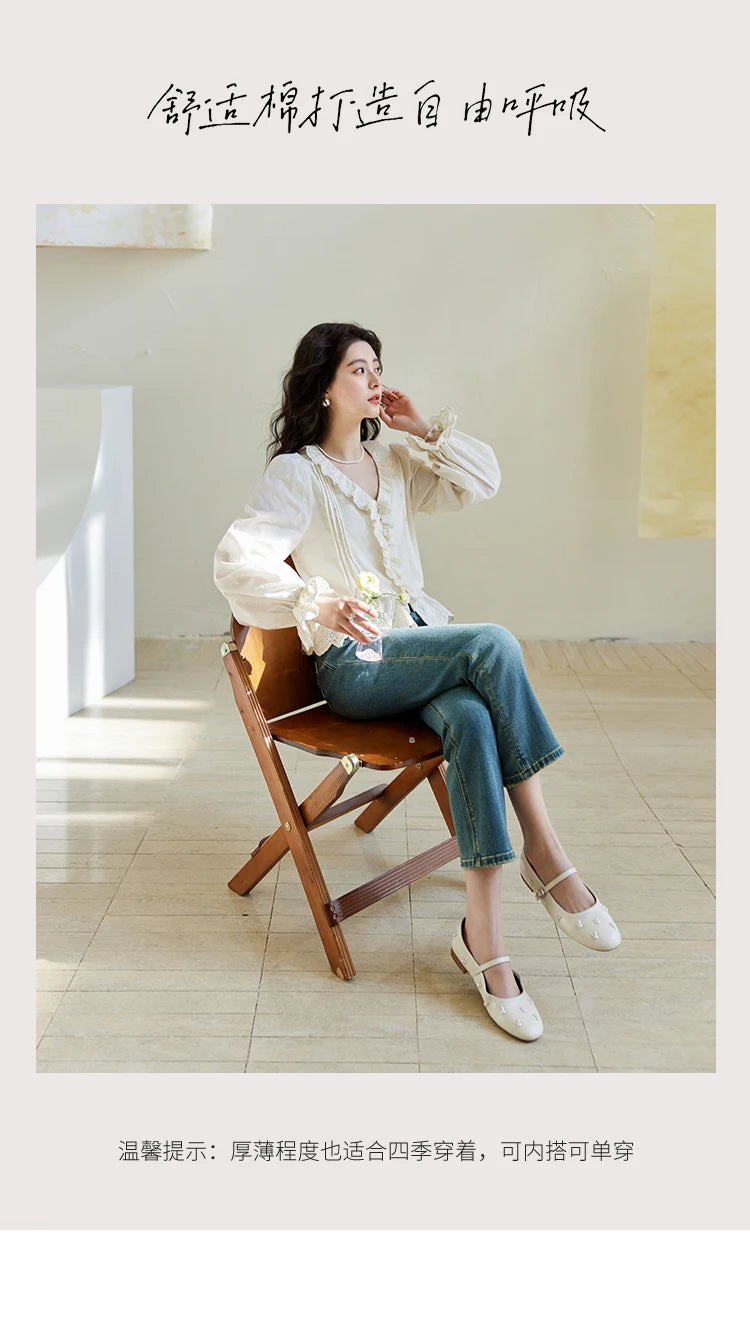 MISHOW Spring New French Shirts for Woman 2025 Long Sleeve V-neck Solid Loose Blouses Women Fashion Versatile Tops MXE14X1732