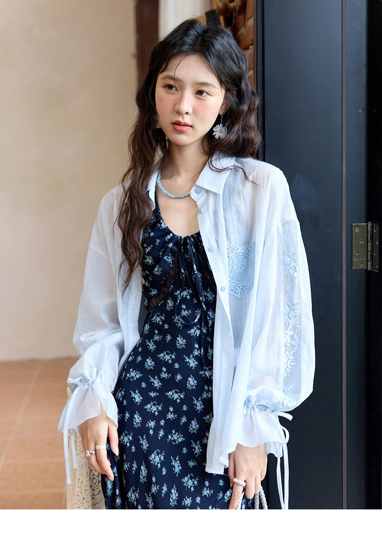 MISHOW Blend Patchwork Lace Cool Shirt Female Autumn 2025 Korean Loose Lapel Drop Sleeve Shirts Drawstring Cuffs Top MXE31C0789