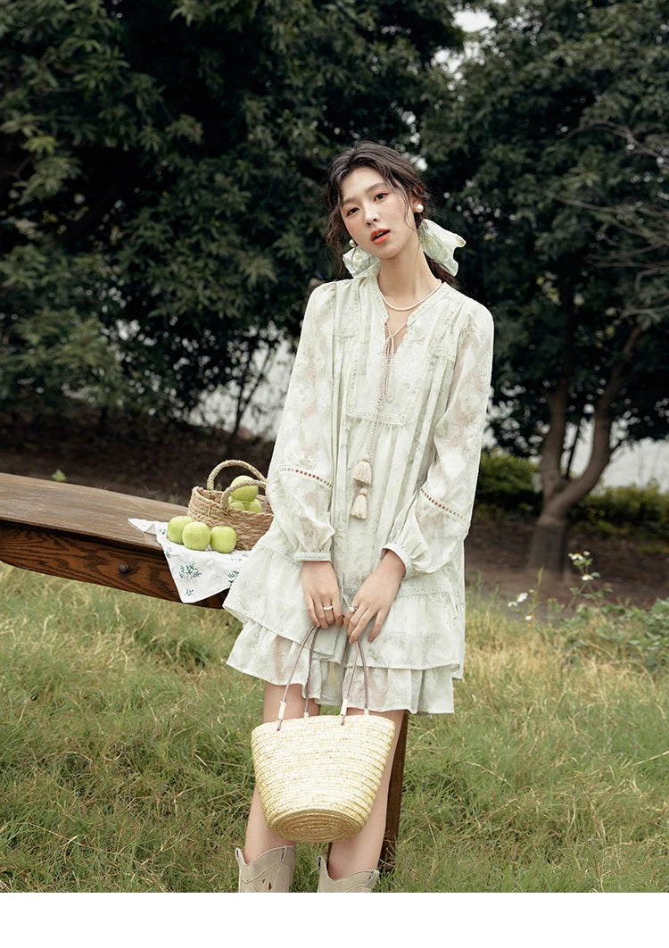 MISHOW Floral V-neck Drawn Tassels Dresses 2025 Spring Summer Hollow Out Lantern Sleeve Dresses Vacation Doll Dress MXE15L2121