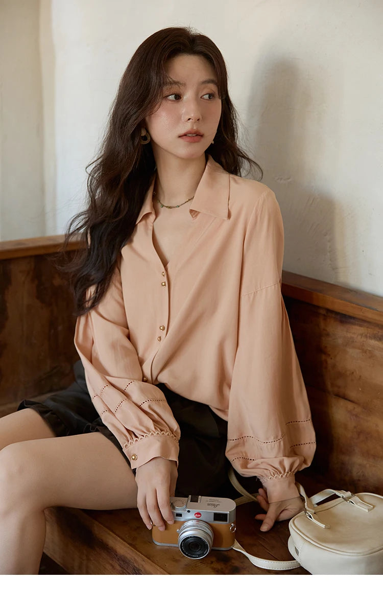 MISHOW Women's Shirt Lantern Sleeve Hollow Out Tops 2025 Autumn Single Breasted Solid Shirts Lapel Shirt Office Lady MXE41C2359