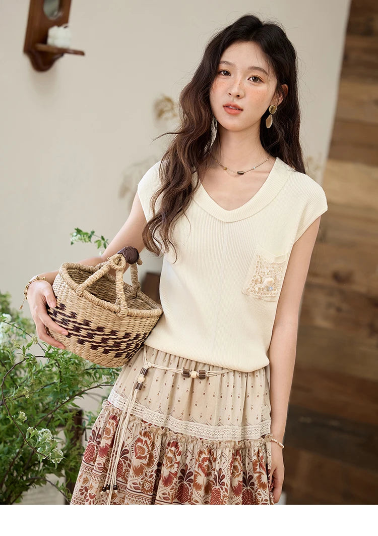 MISHOW Cool Knitted Short Sleeve T-shirt 2025 Summer V-neck Pocket Shell Lace Tops Casual Solid Raglan Sleeve Tees MXE34Z1265