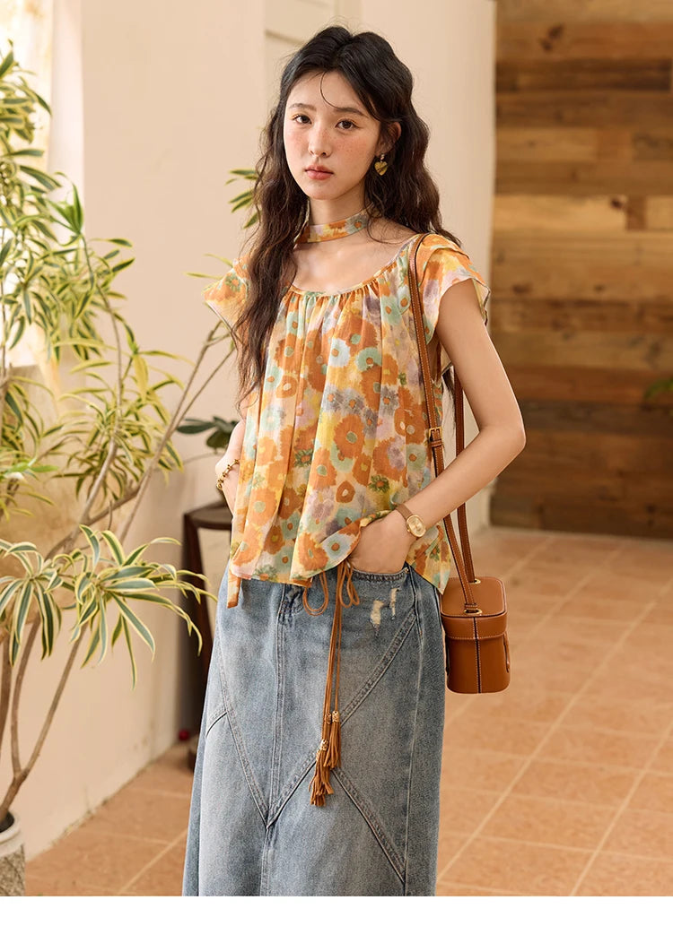MISHOW 100 Cotton Citrus Oil Painting Printed blouse for Women 2025 Summer Vacation Korean Flying Sleeve Casual Top MXE36X1872