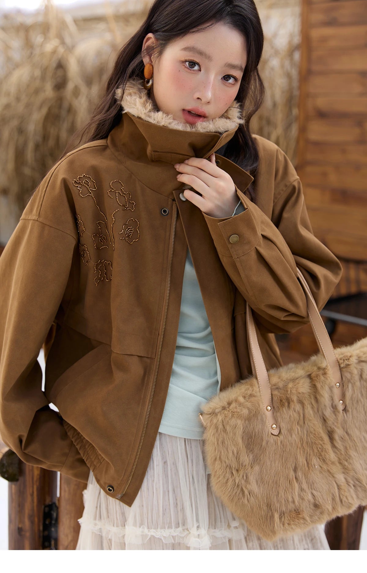 MISHOW Brown Suede Jacket for Women 2025 Winter New Detachable Fur Collar Coat commute Long Sleeve Zipper Jacket MXE51W0876