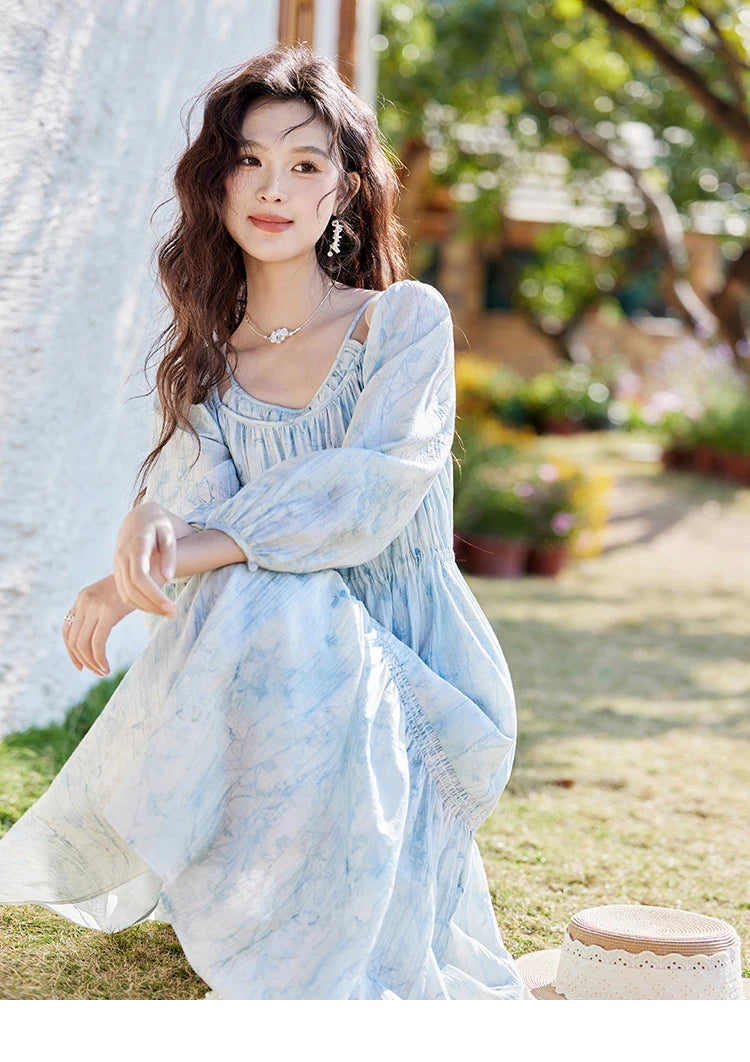 MISHOW Printed Blue Blending Chiffon Vacation Dress Spring 2025 Drawstring Waist Long Dress Lantern Sleeve Dresses MXE16L2114