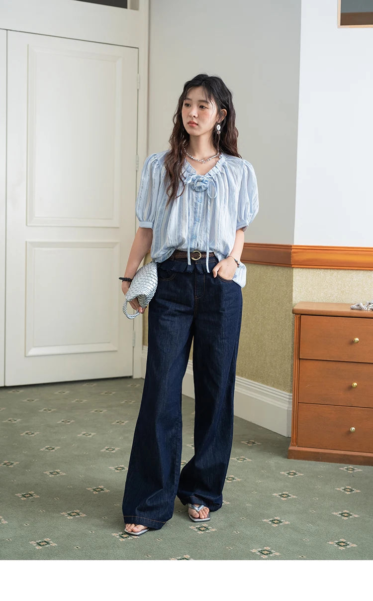 MISHOW Women's Striped Casual Shirt 2025 Summer New Lady Fashion Puff Sleeve V-Neck Button Blue Shirt Female Clothing MXE36X1870