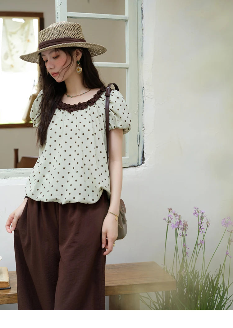 MISHOW 2025 Summer Women's Two Piece Set Polka Dot Puff Sleeve Top Casual Pocket Wide Leg Pants Set Female Clothing MXE39T0657