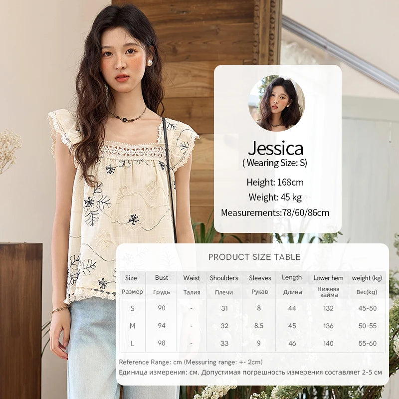 MISHOW Square Collar Embroidered Doll Blouses for Women Summer 2025 Flying Sleeve Patchwork Lace Tassels Retro Tops MXE35X1839