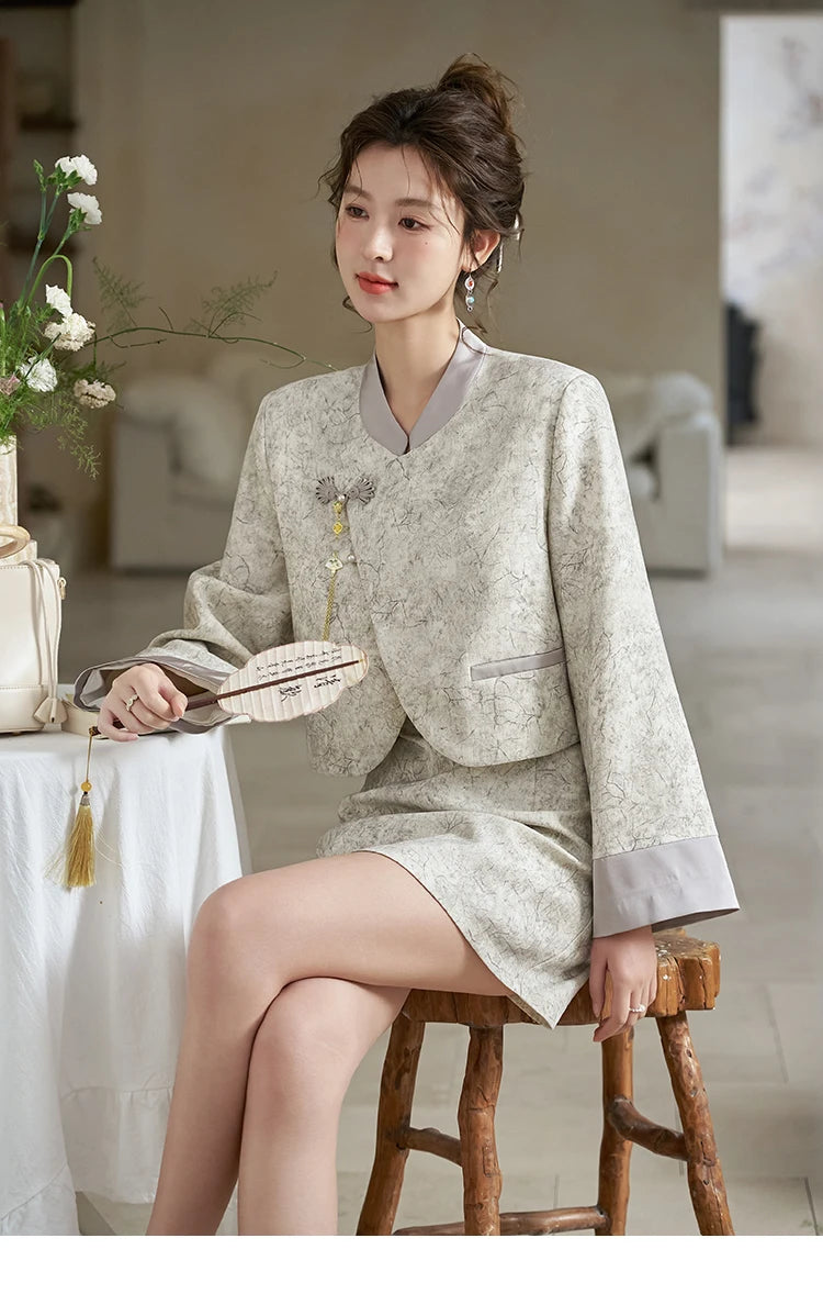 MISHOW Chinese Stand Up Collar Jacket A-line Skirt Separately Spring Textured Glossy Jacquard Irregular Placket Top MXD15W0373