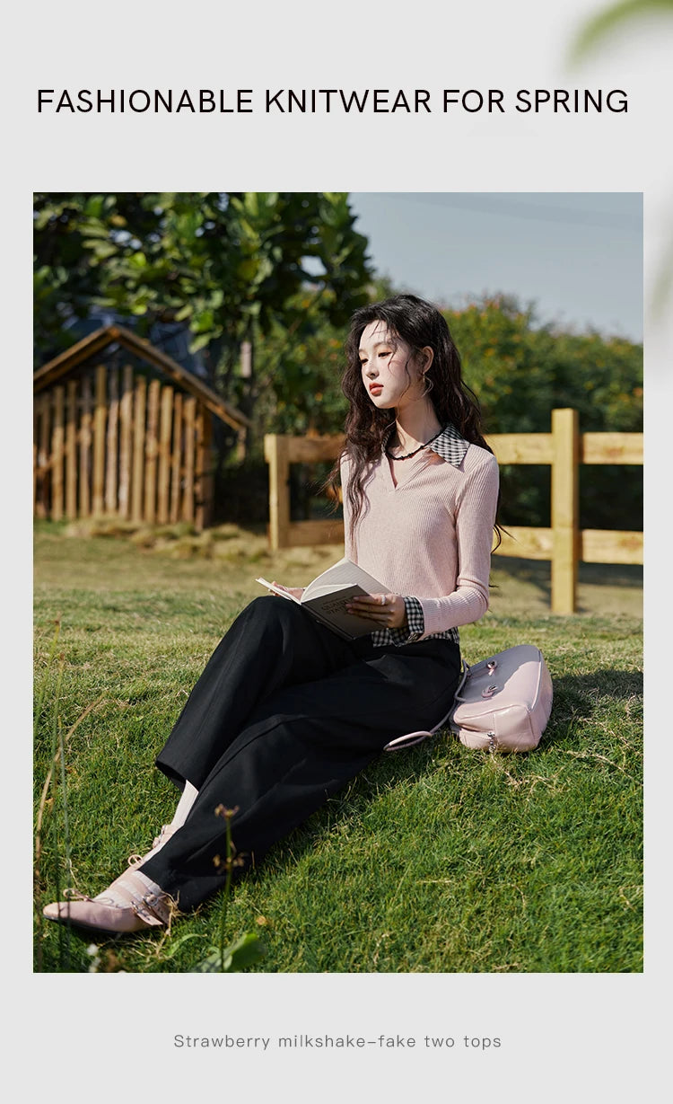 MISHOW Plaid Splicing Fake Two-piece Tops for Women Spring 2025 Contrasting Colors Slim Thin Top V-neck Casual Tees MXE13Z1108