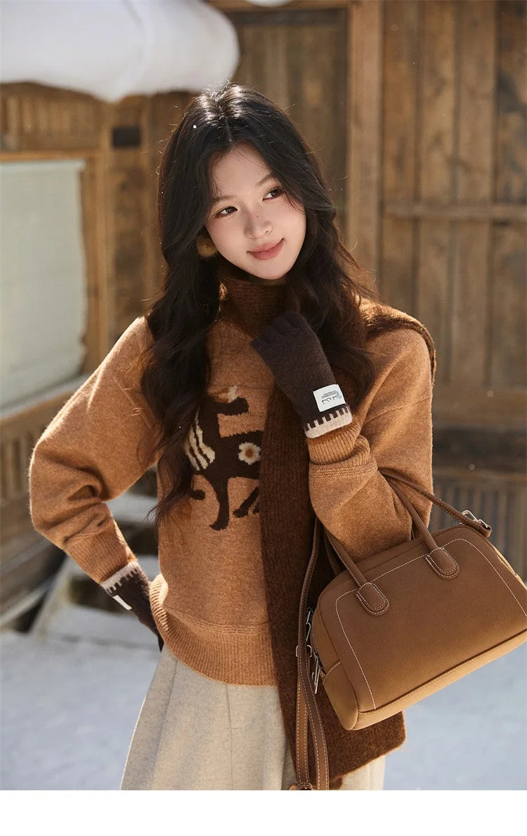 MISHOW Women's Horse Pattern Knit Sweater Winter Crew Neck Sweaters Collar Cuffs Splice Contrasting Faux Mink Fur Top MXE94Z2863