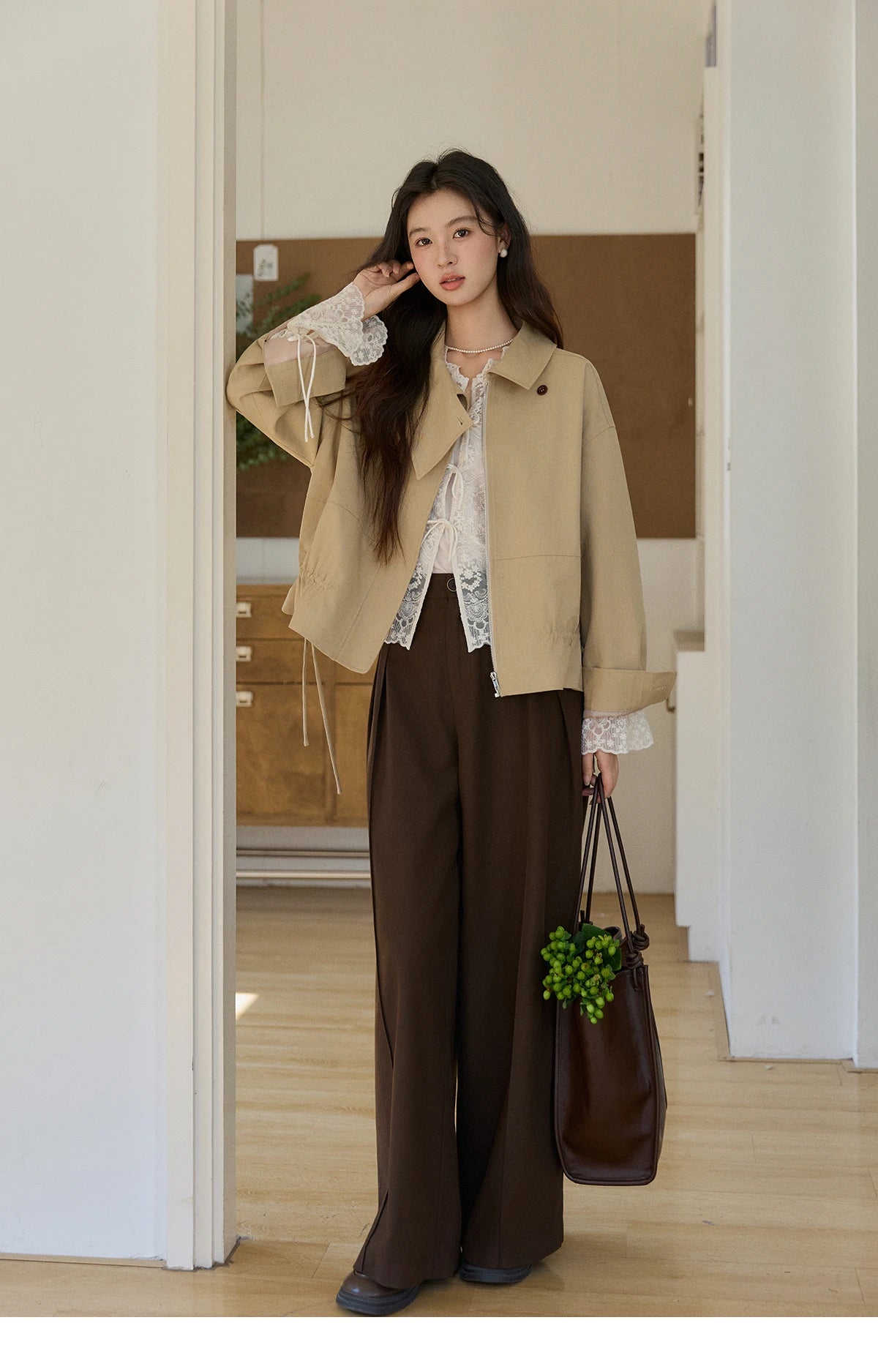 MISHOW Women's Khaki Cropped Jacket 2026 Spring Asymmetrical Collar Drawstring Waist Short Jackets Casual Loose Coat MXF11W1029