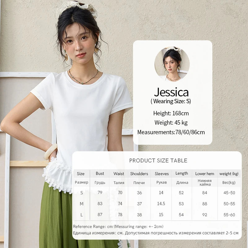 MISHOW White Ruffled T-shirt for Women Summer 2025 Round Neck Loose Slim Cotton Casual Tees with Red Lanyard Necklace MXE34T0557