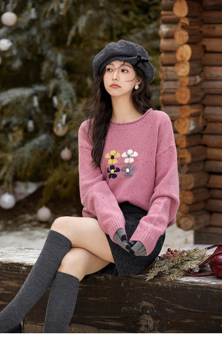MISHOW Wool Blend Yarn Knitted Sweater Flower Color Dots Design 2024 Winter Women O-Neck Pullovers Lazy Sweaters MXD56Z1066