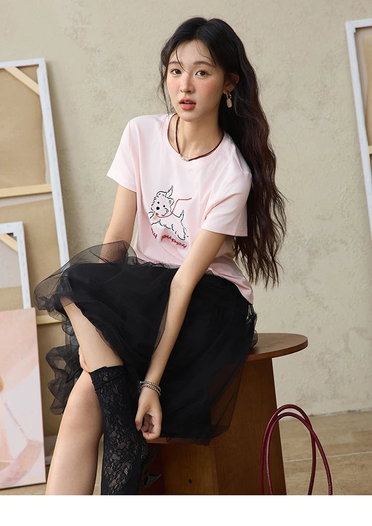 MISHOW Cute Printed Puppy Short Sleeve T-shirt 2025 Summer Round Neck Short Sleeved T-shirt Cotton Blend Casual Tees MXE36T0640