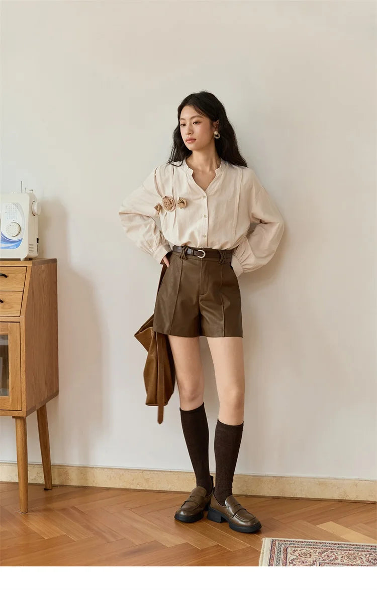 MISHOW Women's PU Leather Shorts Autumn 2025 Slanted Pocket Versatile Short Pants A-line Waist Shorts Excluding Belt MXE48K1086