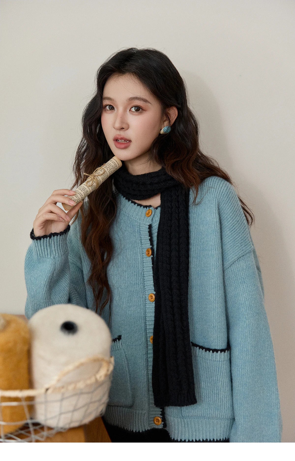 MISHOW Women's Yellow Knitted Cardigan 2025 Autumn Winter Color Collision Edge Sweater Pockets Loose Warm Casual Tops MXE94Z2973