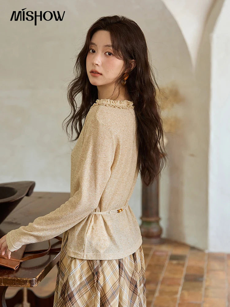 MISHOW Autumn Apricot Ramie Knitted Top Bohemian Belt Thin Knitted Black Fungus Edge Collar Asymmetric Side Split Top MXE42Z1324